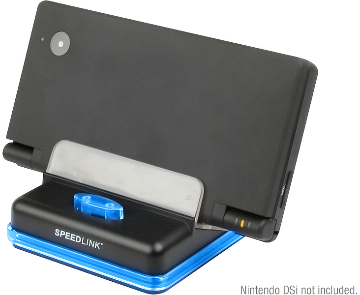 Schwarze SPEEDLINK Ladestation mit blauer LED, geeignet für Nintendo DSi, Konsole dient nur als Beispiel