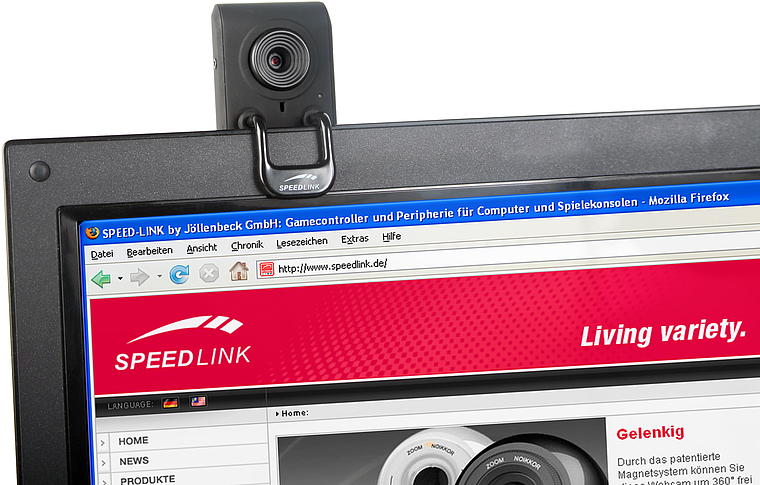 Webcam auf einem Computermonitor, der die Webseite von SPEEDLINK anzeigt