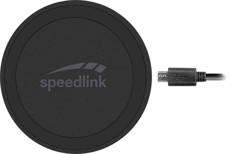 Rundes, schwarzes Speedlink Wireless Charging Pad mit angeschlossenem Micro-USB-Kabel