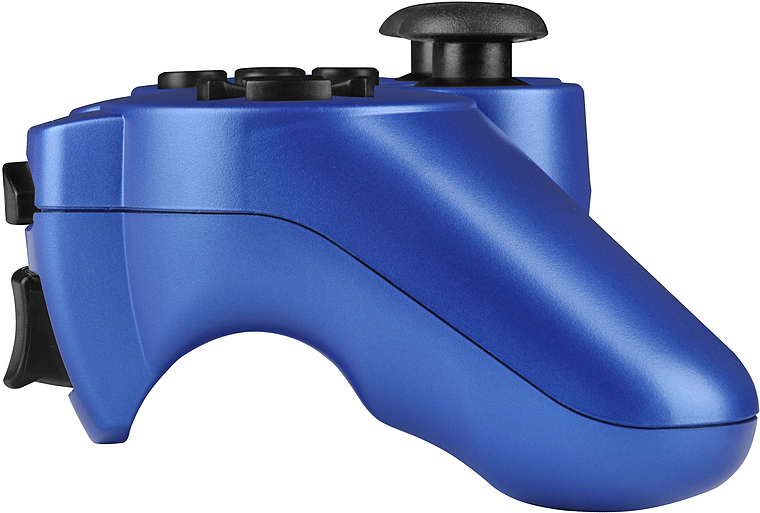 Seitliche Ansicht eines blauen kabellosen Gamecontrollers mit Joystick und Tasten