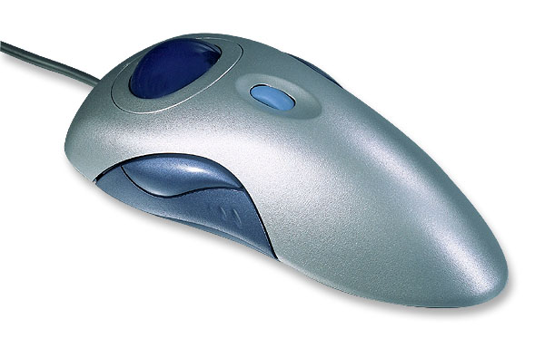 Silber-blaue kabelgebundene Maus mit ergonomischer Form und zusätzlichen Tasten