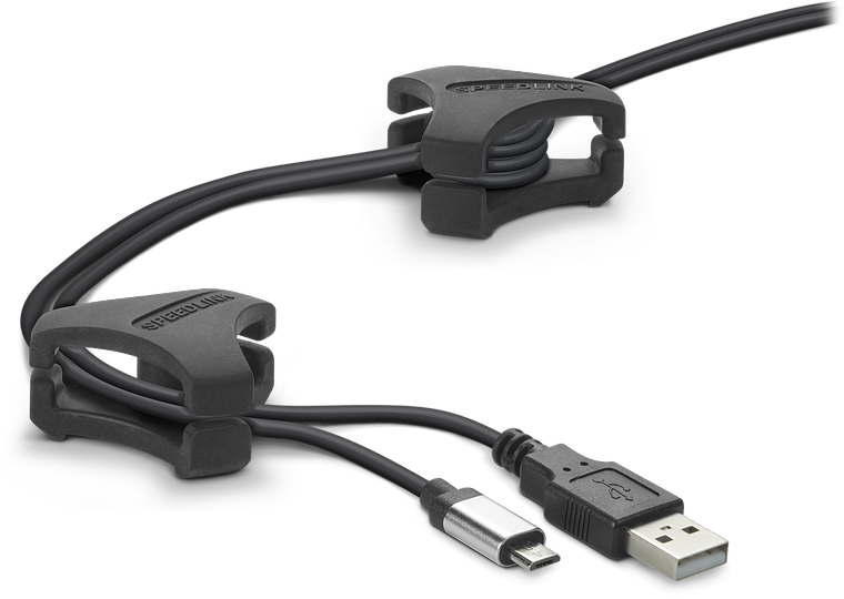 Zwei schwarze Speedlink Kabelhalter mit einem USB- und einem USB-C-Kabel zur ordentlichen Kabelverwaltung auf dem Schreibtisch