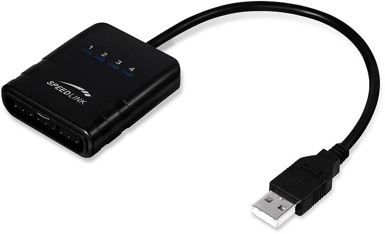 Schwarzer SPEEDLINK USB-Adapter, geeignet zum Anschluss von PlayStation-Controllern an den PC, mit USB-Stecker und Statusanzeigen