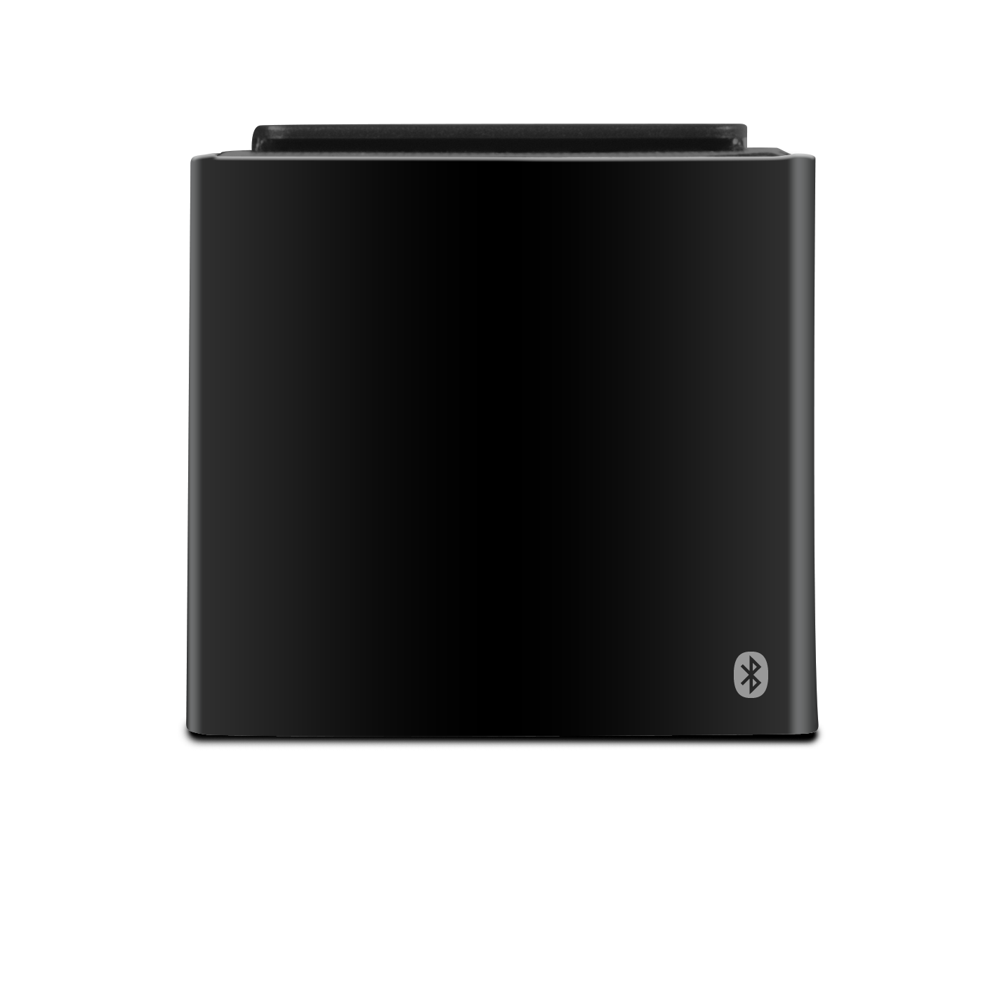 Schwarzer, rechteckiger Bluetooth-Lautsprecher mit dezentem Bluetooth-Symbol auf der Vorderseite