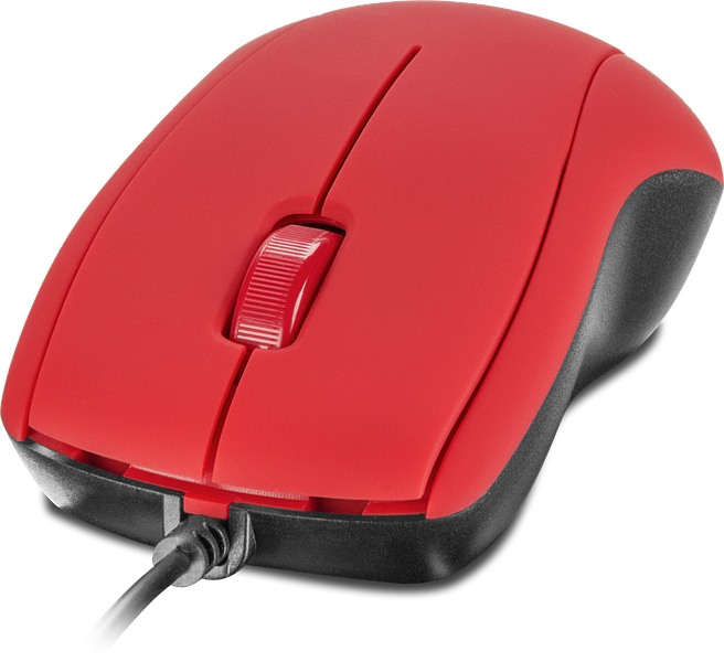 Abbildung einer roten kabelgebundenen Computermaus mit ergonomischem Design