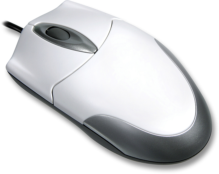 Abbildung einer modernen, ergonomischen Computermaus mit Kabel in den Farben Weiß und Grau