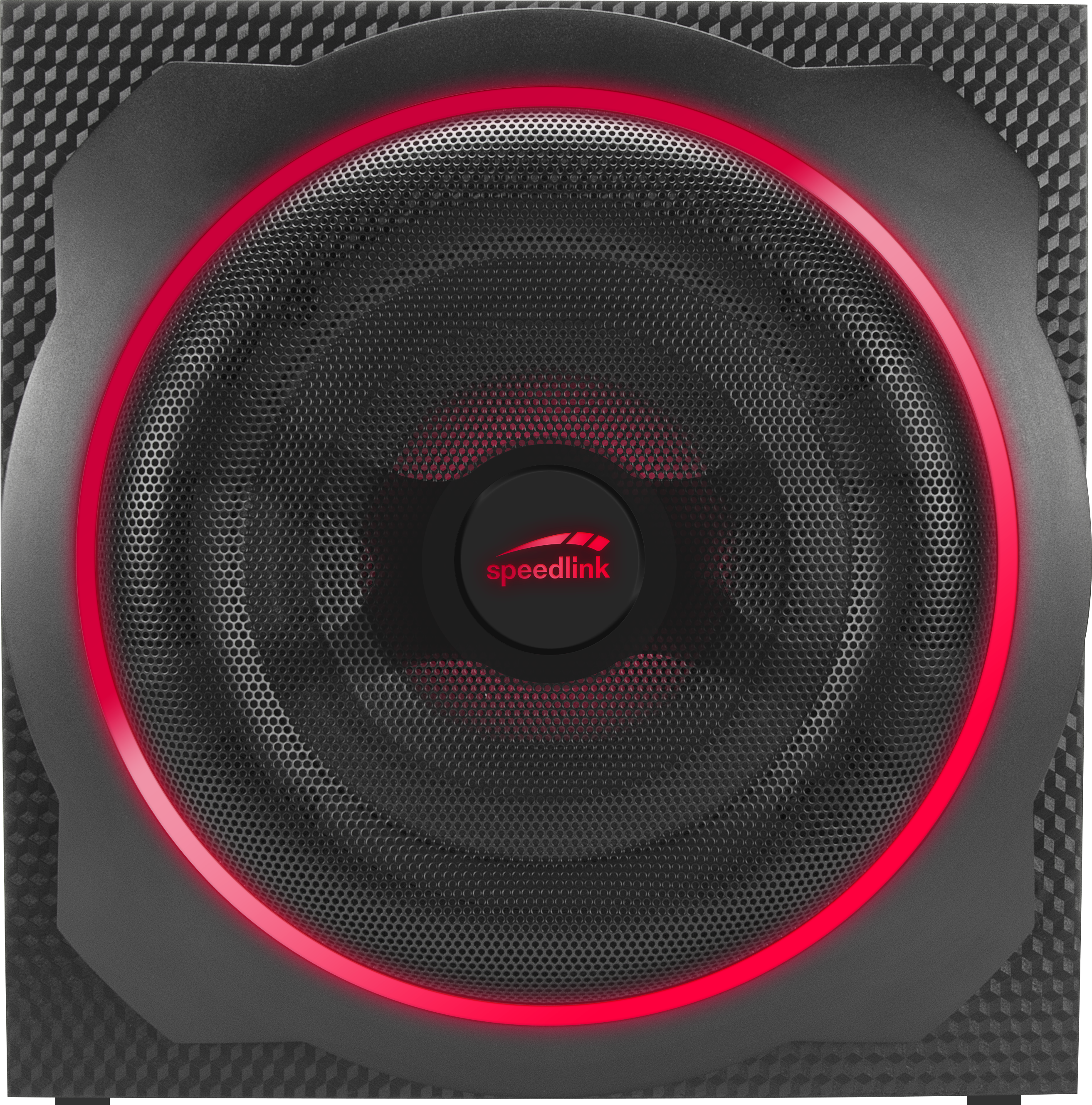 Frontansicht eines Speedlink Subwoofers mit auffälliger roter LED-Beleuchtung und modernem Carbon-Look