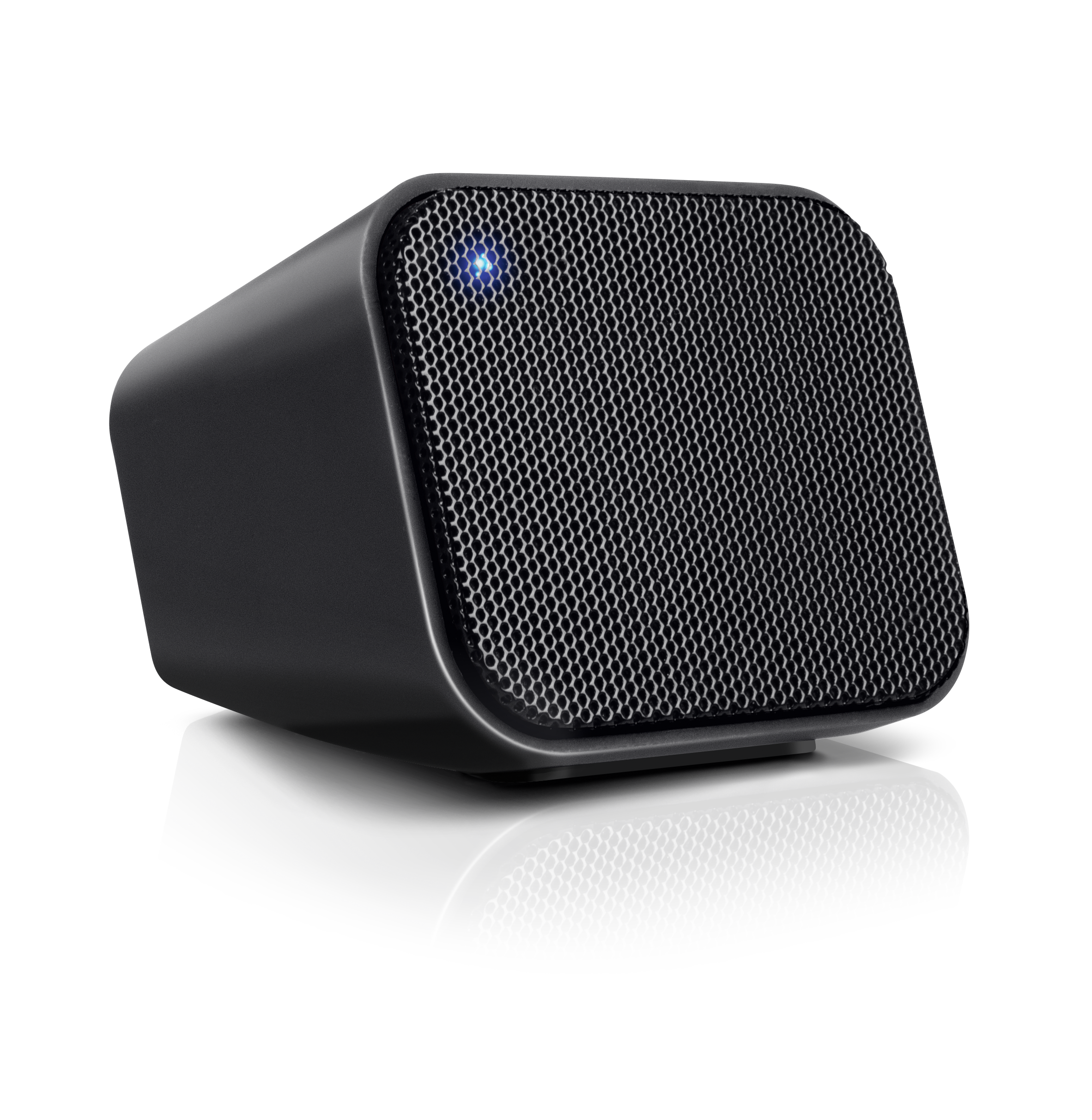 Schwarzer Bluetooth-Lautsprecher mit Waben-Gitter und blau leuchtender LED
