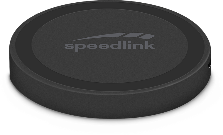 Rundes, schwarzes Speedlink Ladepad zum kabellosen Laden von Smartphones.