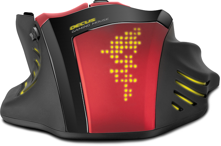 Ergonomische DECUS Gaming Maus mit gelber LED-Beleuchtung, schwarzem und rotem Design