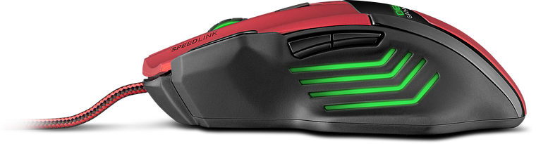 Seitlich abgebildete SPEEDLINK Gaming-Maus mit rot-schwarzem Gehäuse und grün leuchtenden Akzenten