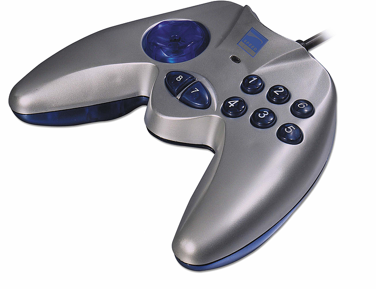 Ergonomischer silberner Gamecontroller mit acht Tasten und Steuerkreuz, ideal für Computerspiele