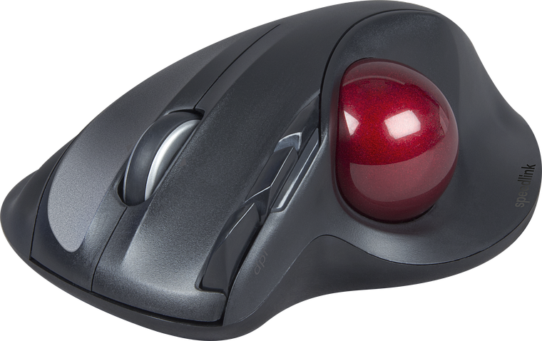 Schwarze Trackball-Maus mit roter Kugel für ergonomisches Arbeiten am Computer