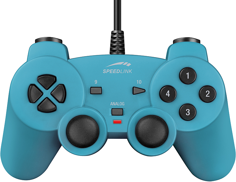 Blaues Speedlink Gamepad mit Kabel, Steuerkreuz, zwei Analog-Sticks und nummerierten Tasten