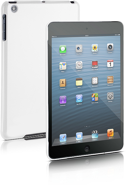 Apple iPad Mini mit weißer Hülle, Display eingeschaltet, Vorder- und Rückansicht sichtbar