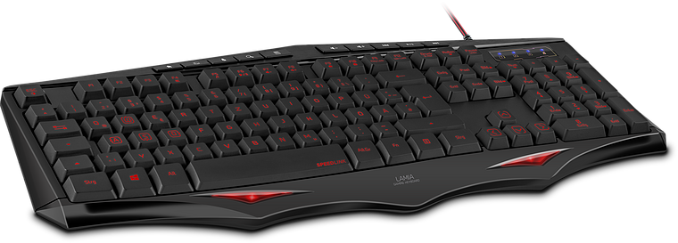 Schwarze Gaming-Tastatur mit roten Leuchteffekten und ergonomischer Form, ideal für Gamer