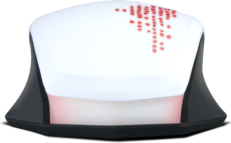 Handheld-Gerät mit modernem Design, schwarzem Rand und weißer Oberfläche mit roter Blindenschrift, geeignet für Barrierefreiheit