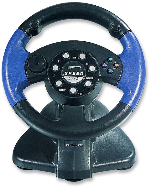 Gaming-Lenkrad von Speedlink für PC und PlayStation mit blauen Griffen und verschiedenen Steuertasten