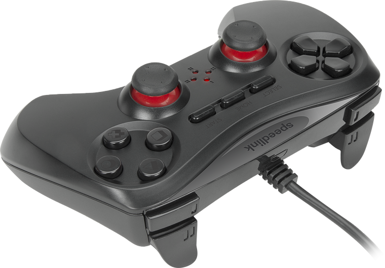 Schwarzer Speedlink Gaming Controller mit rotem Detail, Kabelanschluss und mehreren Tasten, geeignet für PC und Konsole