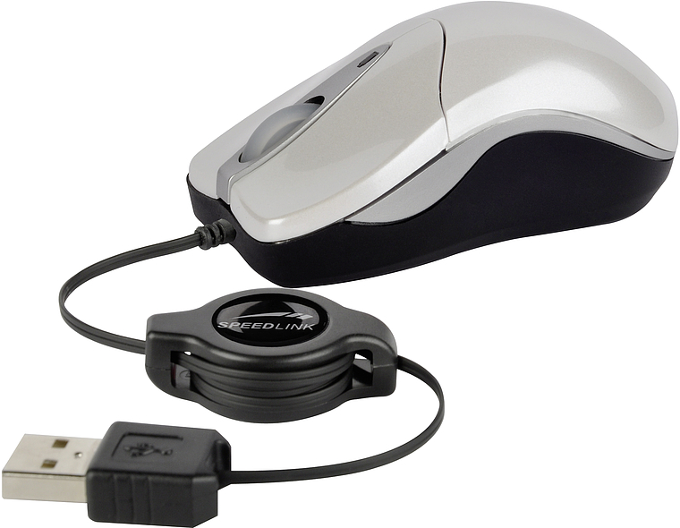 Optische Speedlink USB-Maus in silber-schwarz mit einziehbarem Kabel und USB-Anschluss, geeignet für PC und Laptop