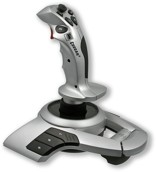Silberner Joystick Cougar 2 mit mehreren Tasten, geeignet für Computerspiele und Flugsimulationen, auf weißem Hintergrund