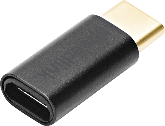 Kompakter schwarzer USB-C Adapter mit Stecker und Buchse für Anschluss und Ladung von Geräten