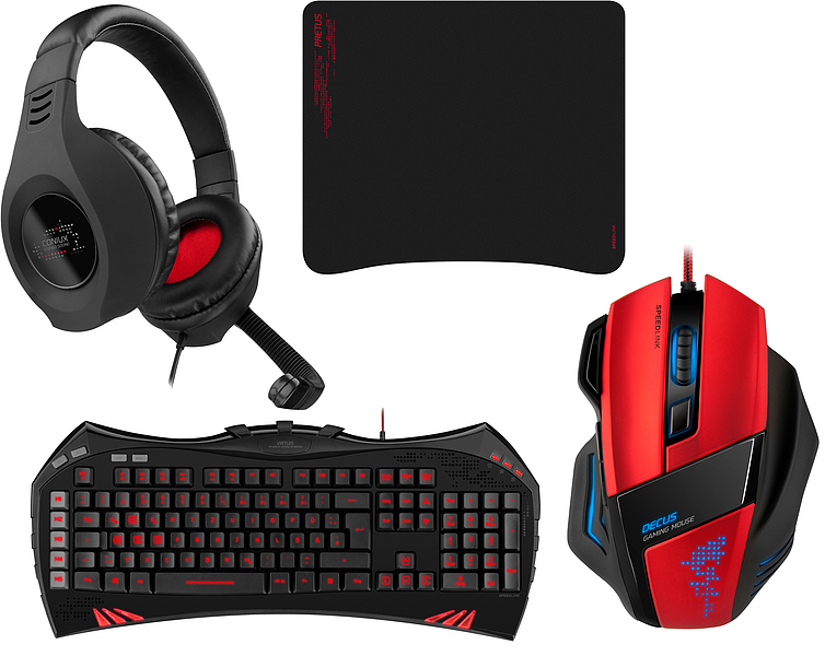 Abgebildet ist ein Gaming-Set bestehend aus einer schwarz-roten Tastatur, einer passenden Gaming-Maus, einem schwarzen Mauspad und einem schwarzen Headset mit Mikrofon. Ideal für PC-Gamer.