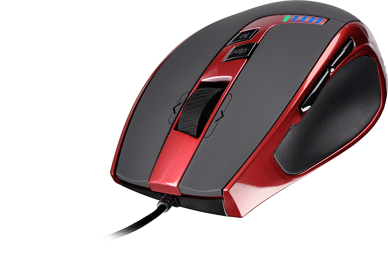 Rote und schwarze kabelgebundene Gaming-Maus mit zusätzlichen Tasten und LED-Anzeige, seitlicher Daumenauflage