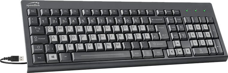 Abbildung einer schwarzen Speedlink USB-Tastatur mit deutschem QWERTZ-Layout und Nummernblock