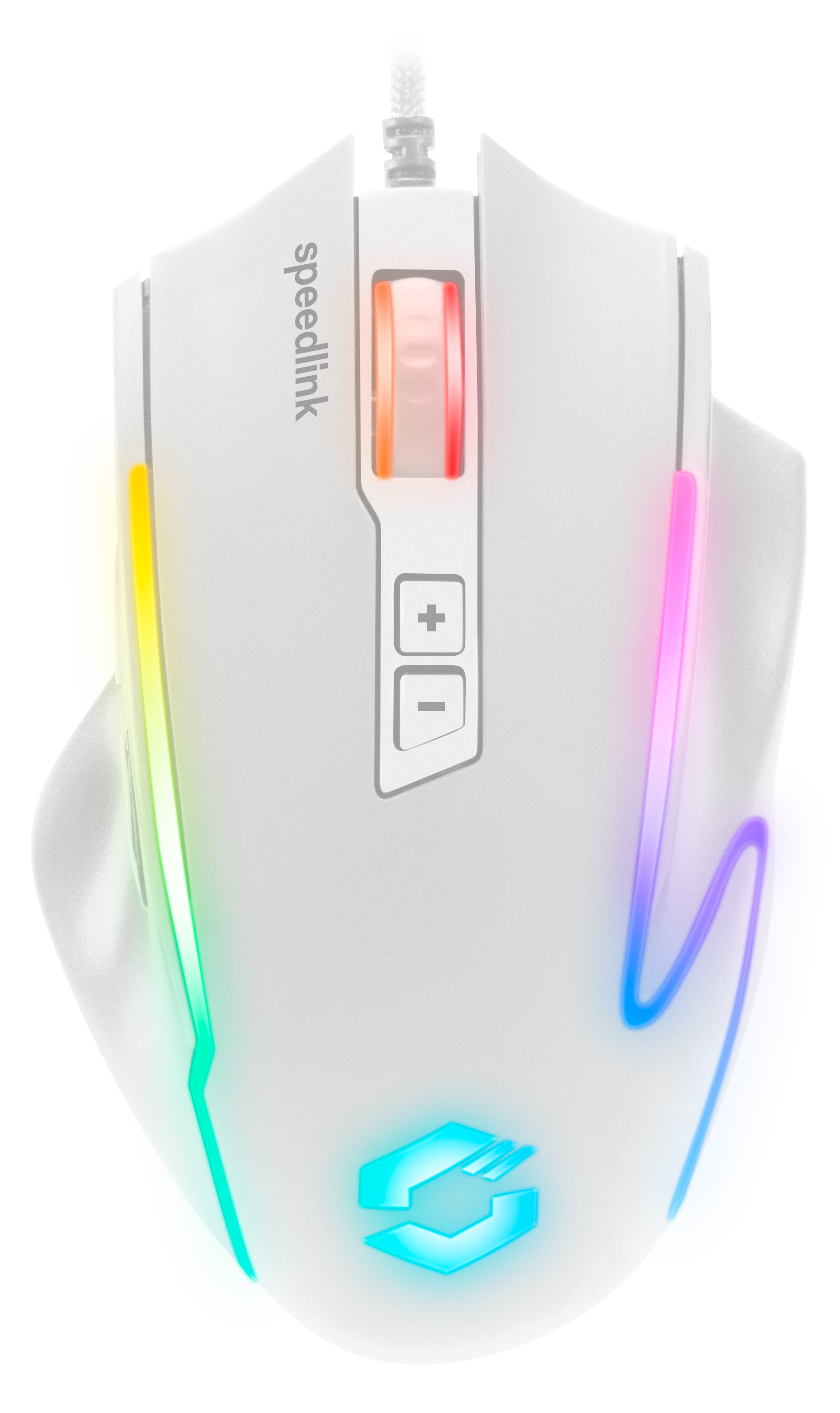 Weiße Speedlink Gaming-Maus mit RGB-Beleuchtung und zusätzlichen Tasten, Ansicht von oben