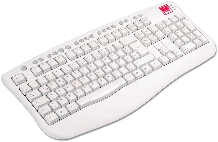 Weiße Computer-Tastatur mit ergonomischem Design und Funktionstasten, geeignet für Büro und Home-Office