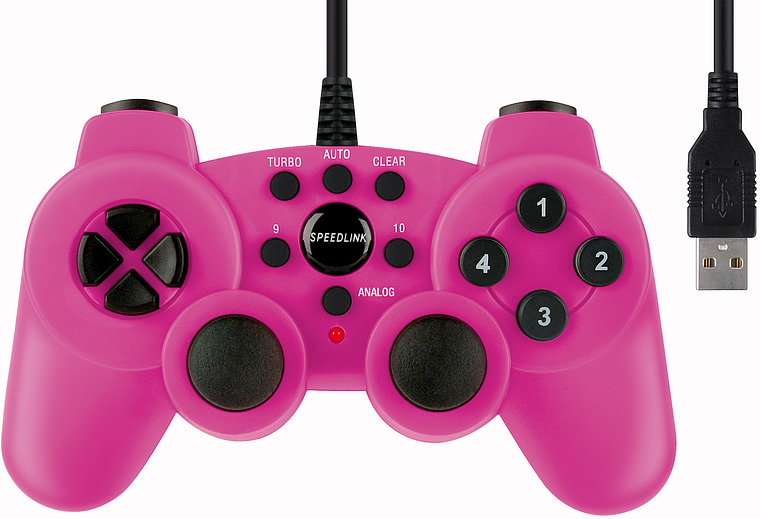 Pinkes Speedlink USB Gamepad mit ergonomischem Design, Analog-Sticks und mehreren Funktionstasten
