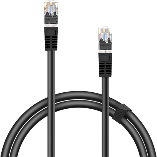 Schwarzes Cat 6 Netzwerkkabel mit zwei RJ45 Steckern für Ethernet und Internetverbindungen