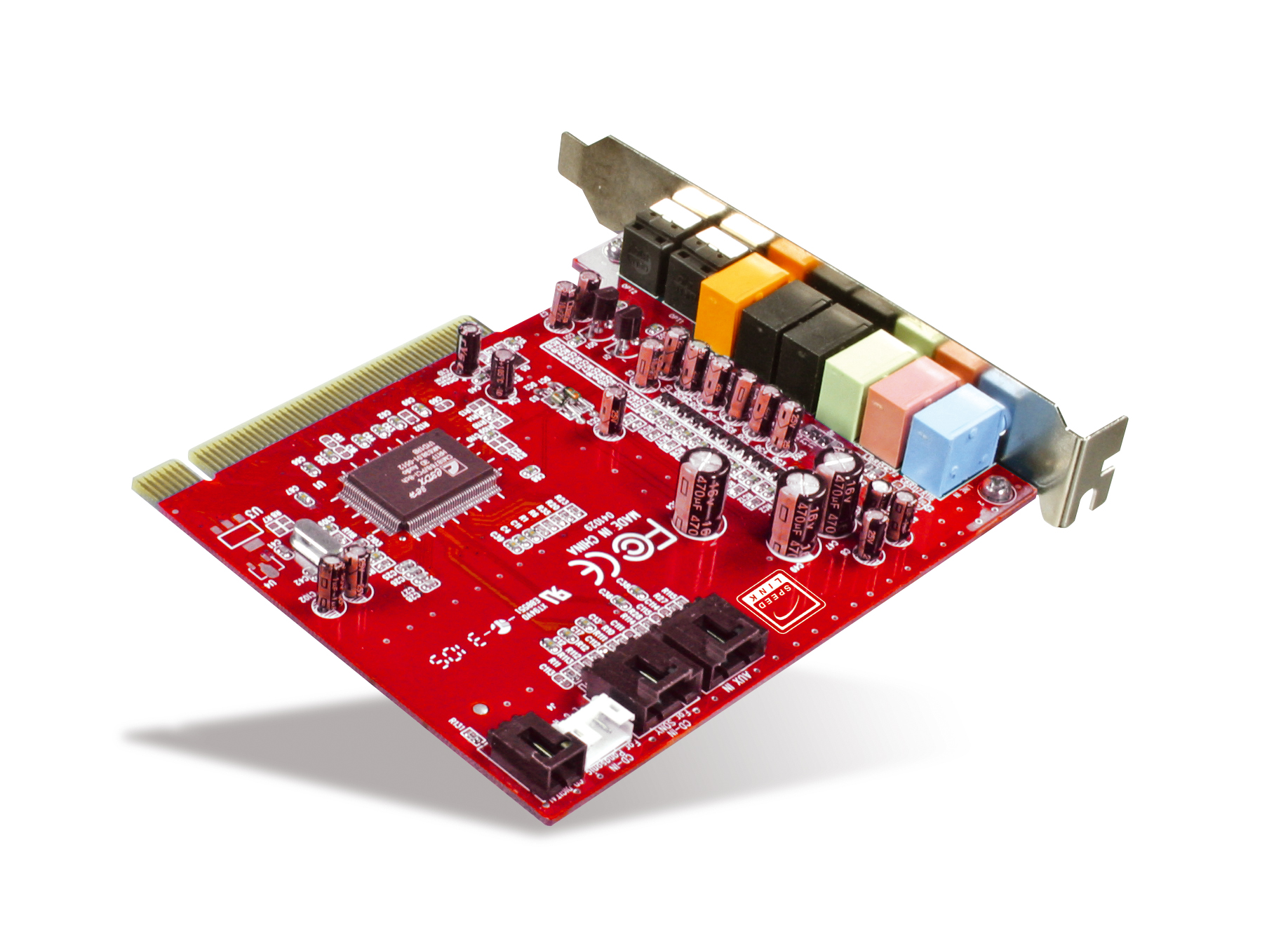 Rote interne PCI-Soundkarte mit verschiedenen farbigen Audioanschlüssen zum Einbau in einen Computer