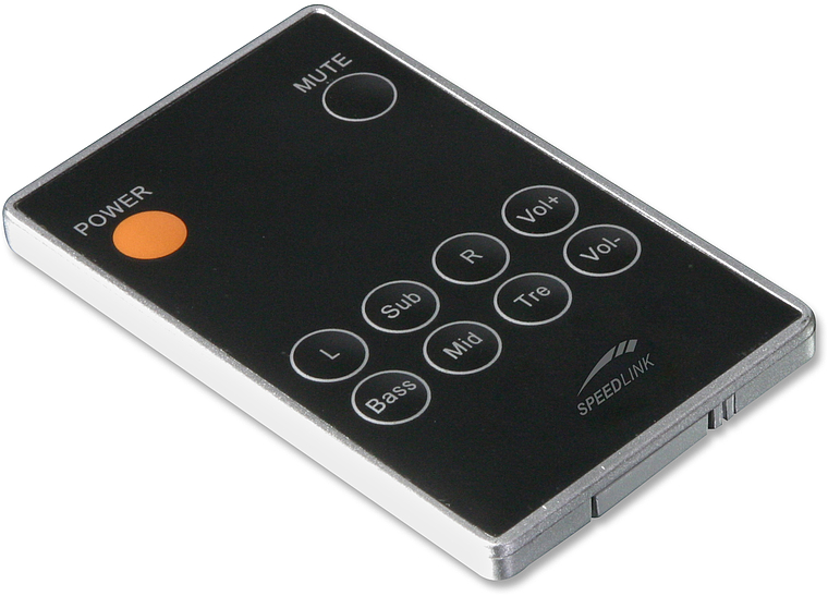 Schwarze Speedlink Fernbedienung mit Tasten für Power, Mute, Lautstärke, Bass, Mid, Treble und Subwoofer