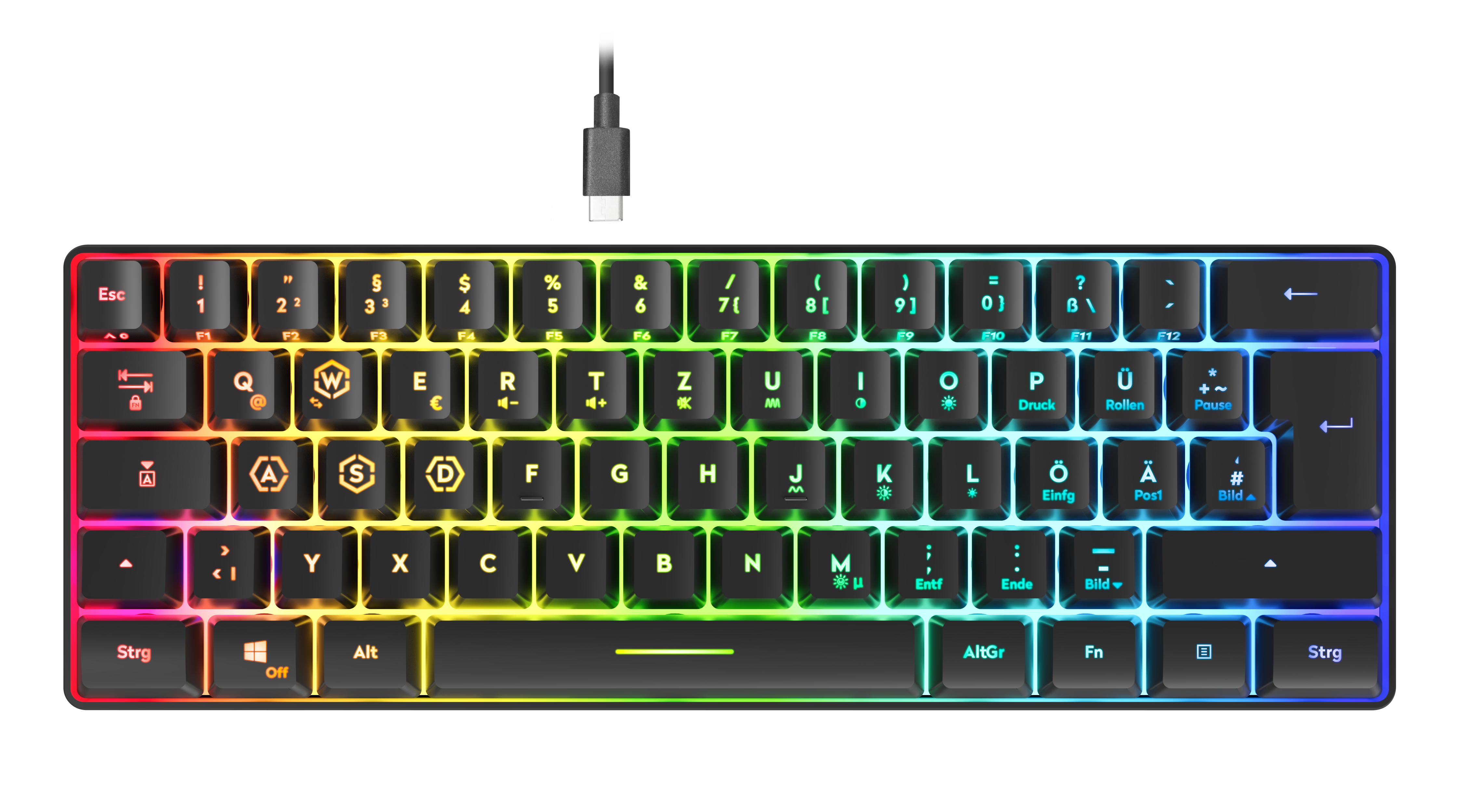Kompakte mechanische Tastatur im deutschen QWERTZ-Layout mit bunter RGB-Beleuchtung und abnehmbarem USB-C-Kabel