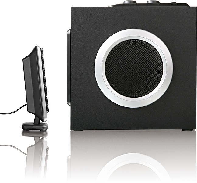 Seitliche Ansicht eines modernen Lautsprechersystems mit großem Subwoofer und kompakterem Satellitenlautsprecher