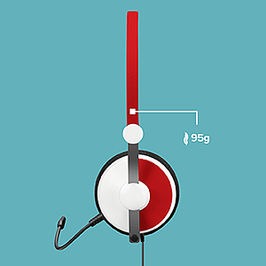 Seitliche Ansicht eines rot-weißen Headsets mit Mikrofon und einem Gewicht von 95 Gramm auf blauem Hintergrund