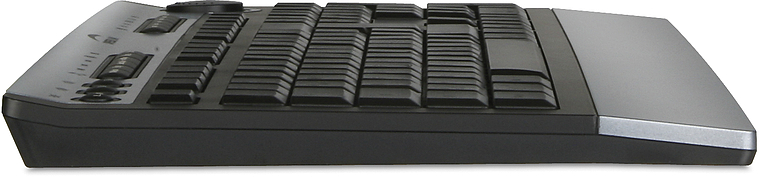 Seitliche Ansicht einer ergonomischen, flachen Tastatur in schwarzer Farbe mit abgerundeter Handballenauflage