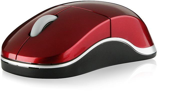Rote kabellose Computermaus mit schwarzem Unterteil und silbernem Rand auf weißem Hintergrund