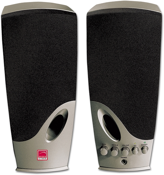 Zwei schwarze Speedlink Stereo-Lautsprecher mit silberner Front und Bedienknöpfen, geeignet für den Einsatz am Computer