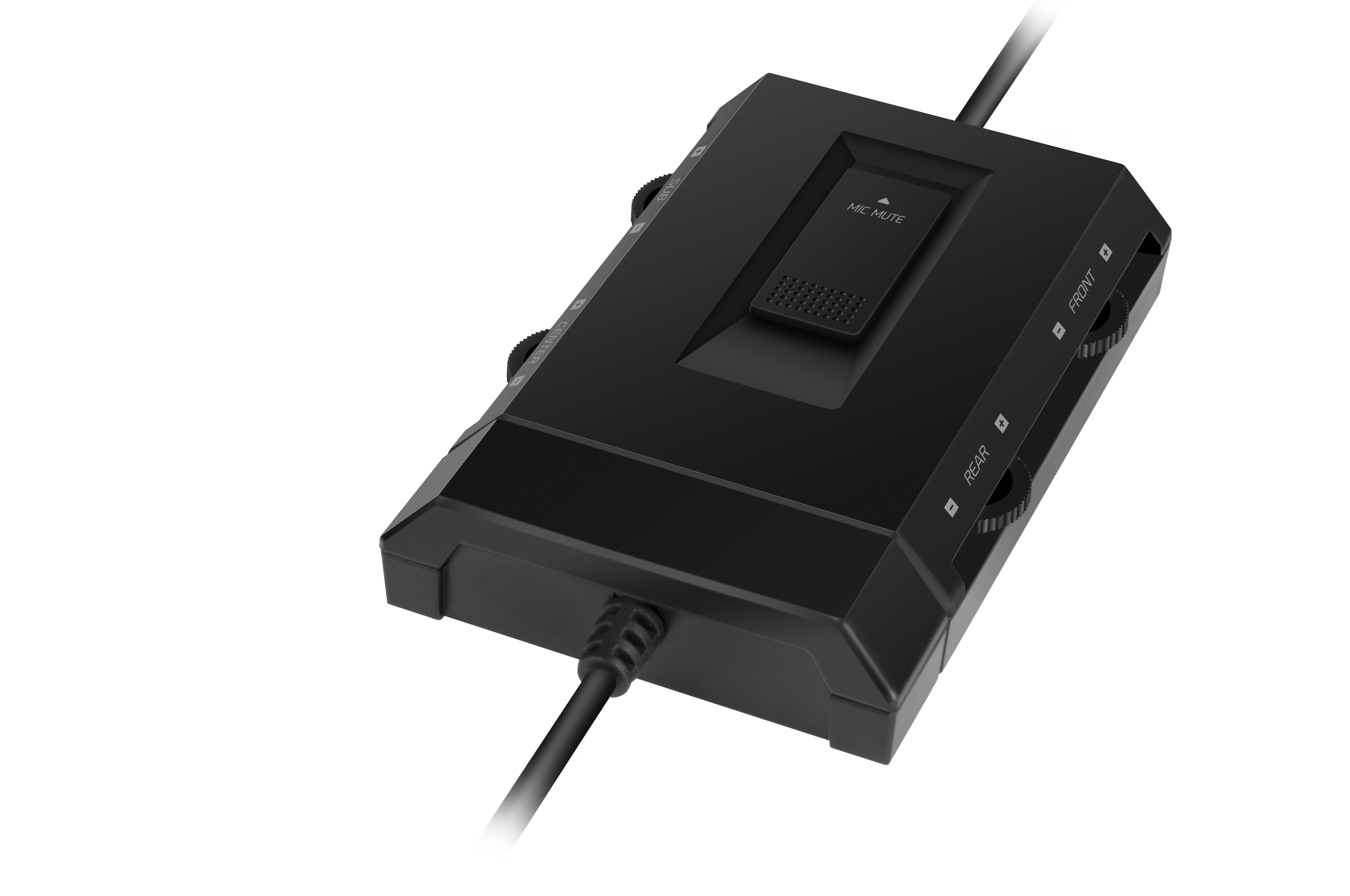 Schwarze USB-Soundkarte mit Drehreglern für Vorder- und Rücklautsprecher sowie Mikrofon-Stummschalter