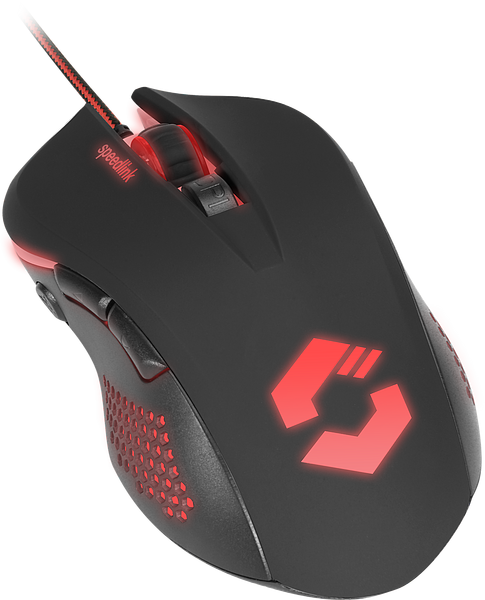 Schwarze Speedlink Gaming-Maus mit auffälliger roter LED-Beleuchtung und mehreren Funktionstasten