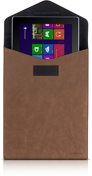 Braune Ledertasche mit sichtbarem Windows-Tablet, idealer Schutz für unterwegs