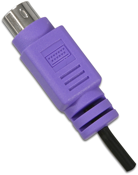 Nahaufnahme eines lila PS/2-Steckers für Tastaturen, angeschnittenes schwarzes Kabel
