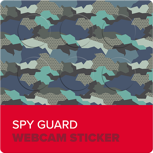 Abbildung eines Spy Guard Webcam Stickers mit modernem Camouflage-Muster und roter Beschriftung