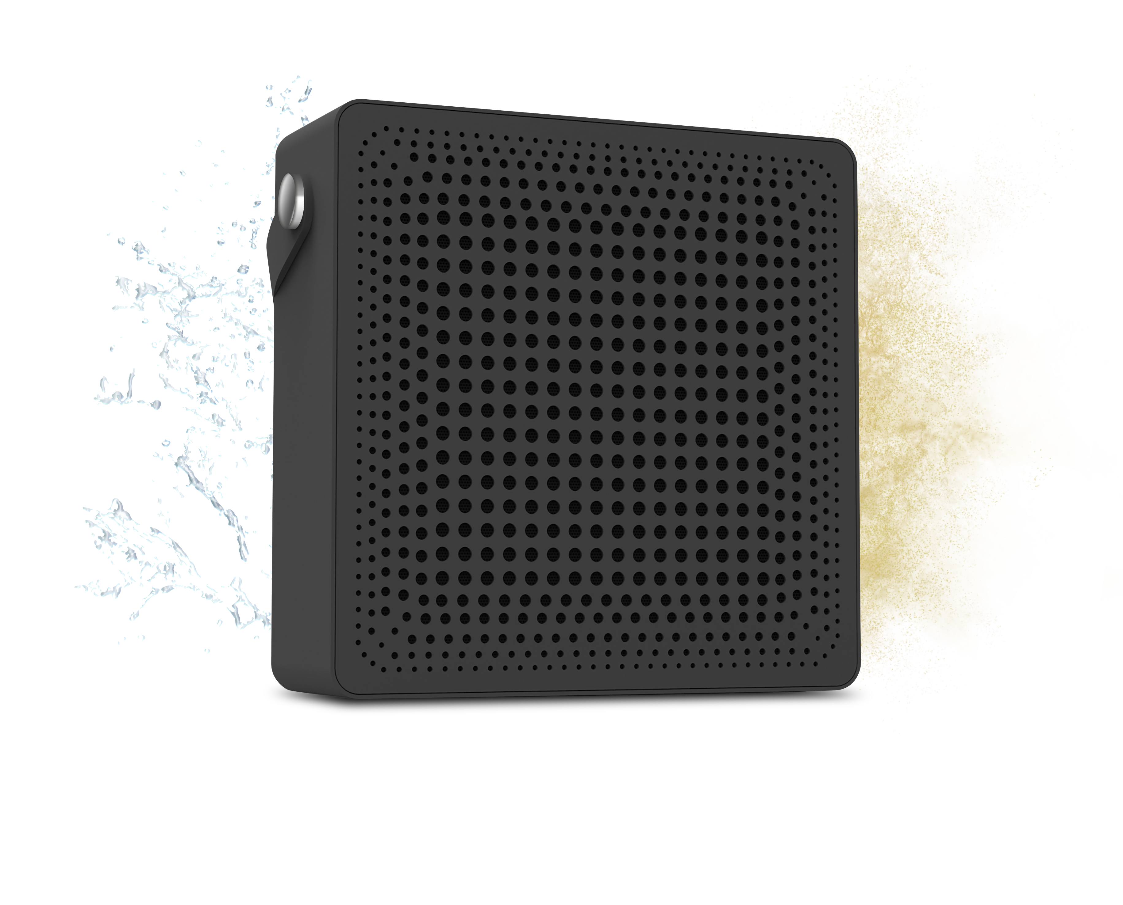 Schwarzer tragbarer Bluetooth-Lautsprecher, spritzwassergeschützt, vor farbigen Wasser- und Pulverspritzern