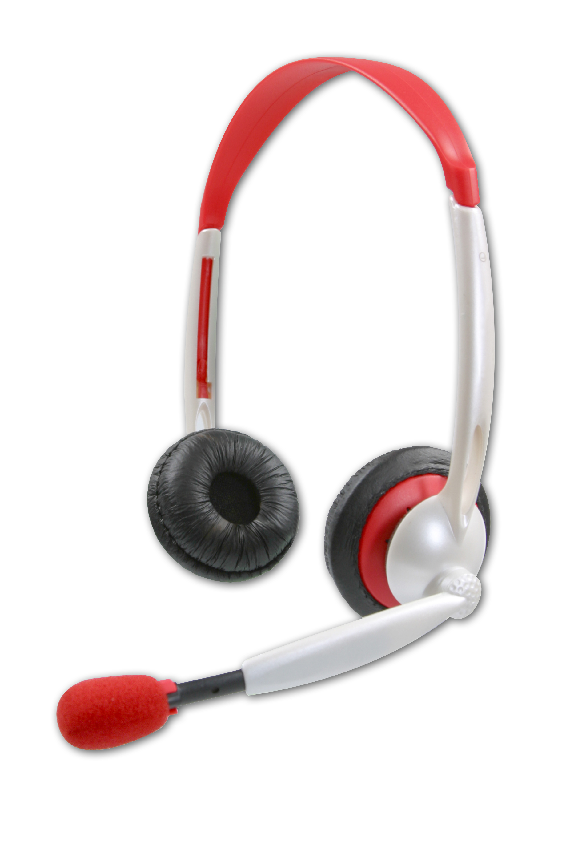 Rotes und weißes Headset mit schwarzer Polsterung und Mikrofon, ideal für PC, Gaming oder Telefonie
