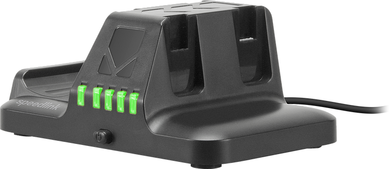 Schwarze Speedlink Ladestation geeignet für zwei Controller, mit grünen LED-Anzeigen an der Vorderseite und Netzanschluss