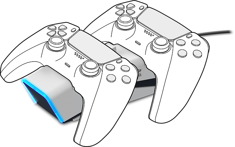 Zwei kabellose PlayStation 5-Controller auf einer Ladestation mit blau leuchtender LED-Anzeige